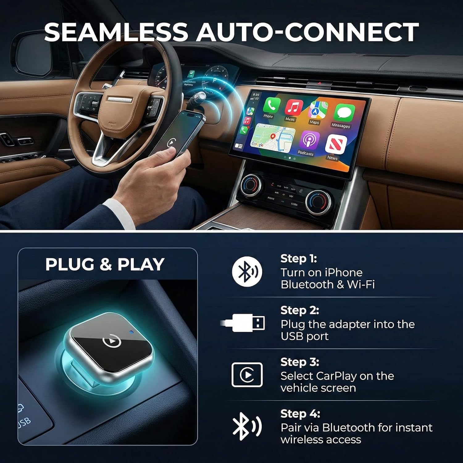 Mini Design Wired to Wireless Car Play Converter, Plug & Play Auto-Reconnect Dongle, Compatible with USB & Type-C (D2)