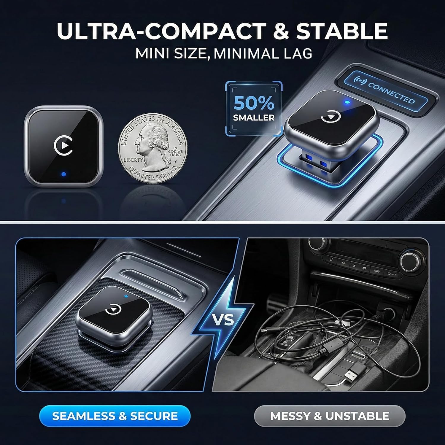 Mini Design Wired to Wireless Car Play Converter, Plug & Play Auto-Reconnect Dongle, Compatible with USB & Type-C (D2)
