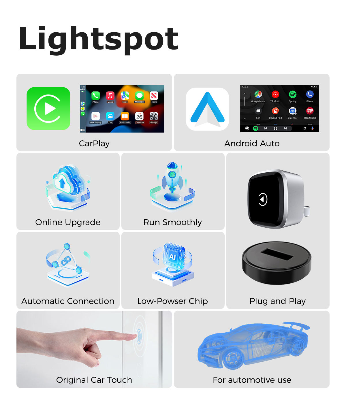 Wireless Dongle Original Wired to Wireless 2in 1 Adapter Easy Plug and Play Wireless Carplay Android Auto (A05)