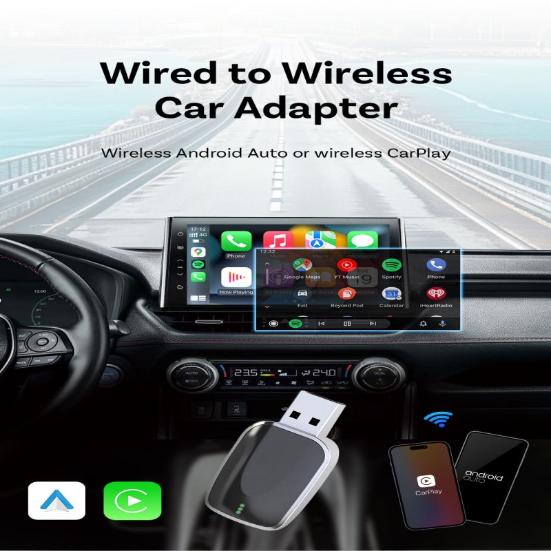 Portable Wireless 2in1 CarPlay Adapter with USB-Type C Connectors and Easy Plug Installation (A011-3)