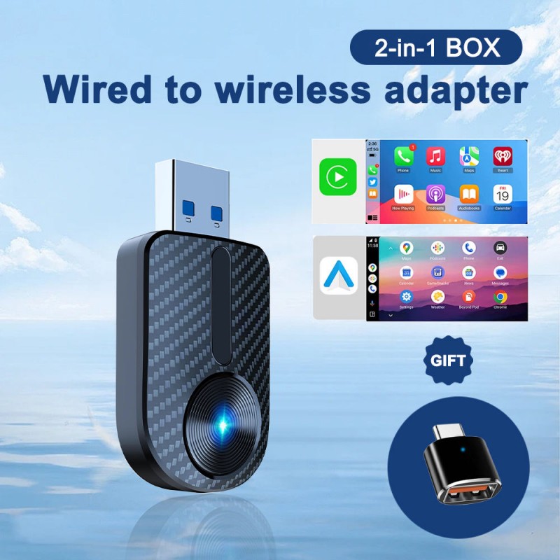 2-in-1 Mini Wireless USB Dongle Adapter with GPS Support for Android Auto & CarPlay Universal Fitment Plug&Play Upgrade (A006)